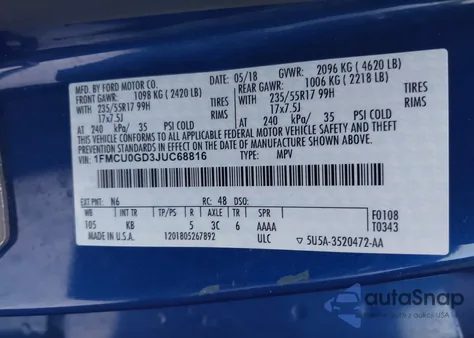 2018 Ford Escape Se из США, поврежденный, VIN 1FMCU0GD3JUC68816